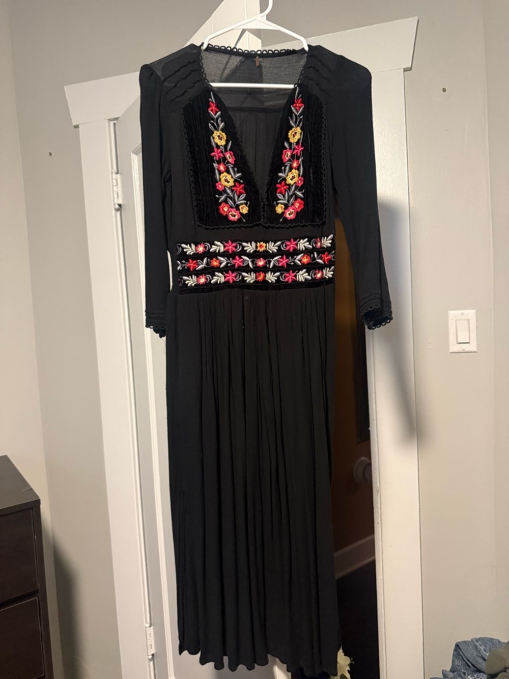 Free People Black Maxi Dress with Colorful Floral Embroidery